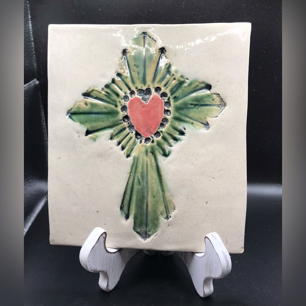 Artisan Pottery Tile W Cross Pattern Signed 7” X6.5”